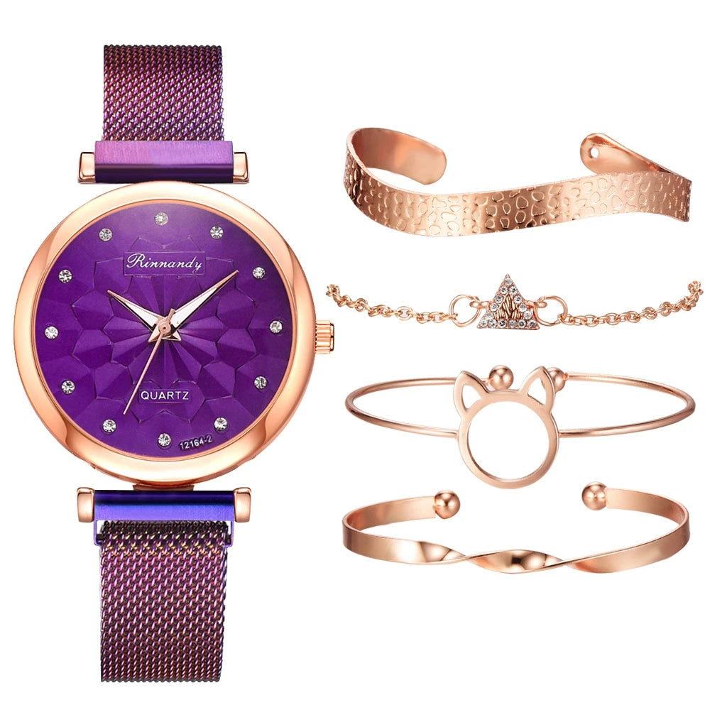 5PCS Bracelet Watches Set Fashion Women Rose Gold Mesh Belt Wristwatches Quartz Watch for Women Business Clock Relogio Feminino Qme H1-PP-RG