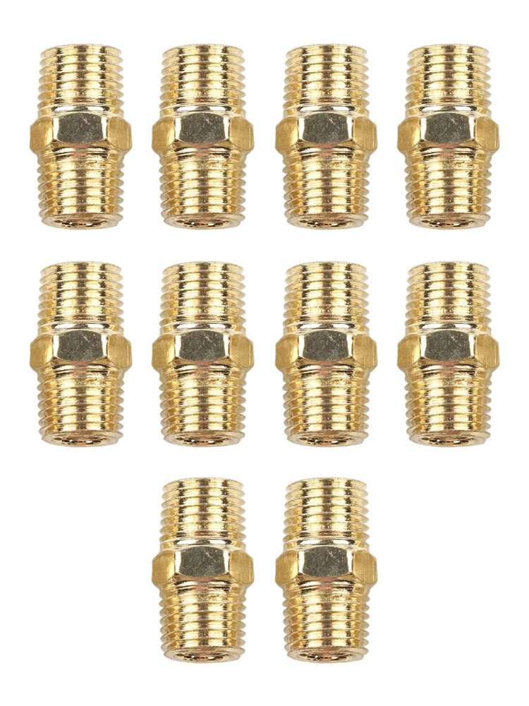 10 Pc Brass Pipe Hex Nipple Quick Coupler Adapter Connector 1/4 In For BSP Male To Male Thread Water Oil Air Connector Gold Tone Qme Default Title