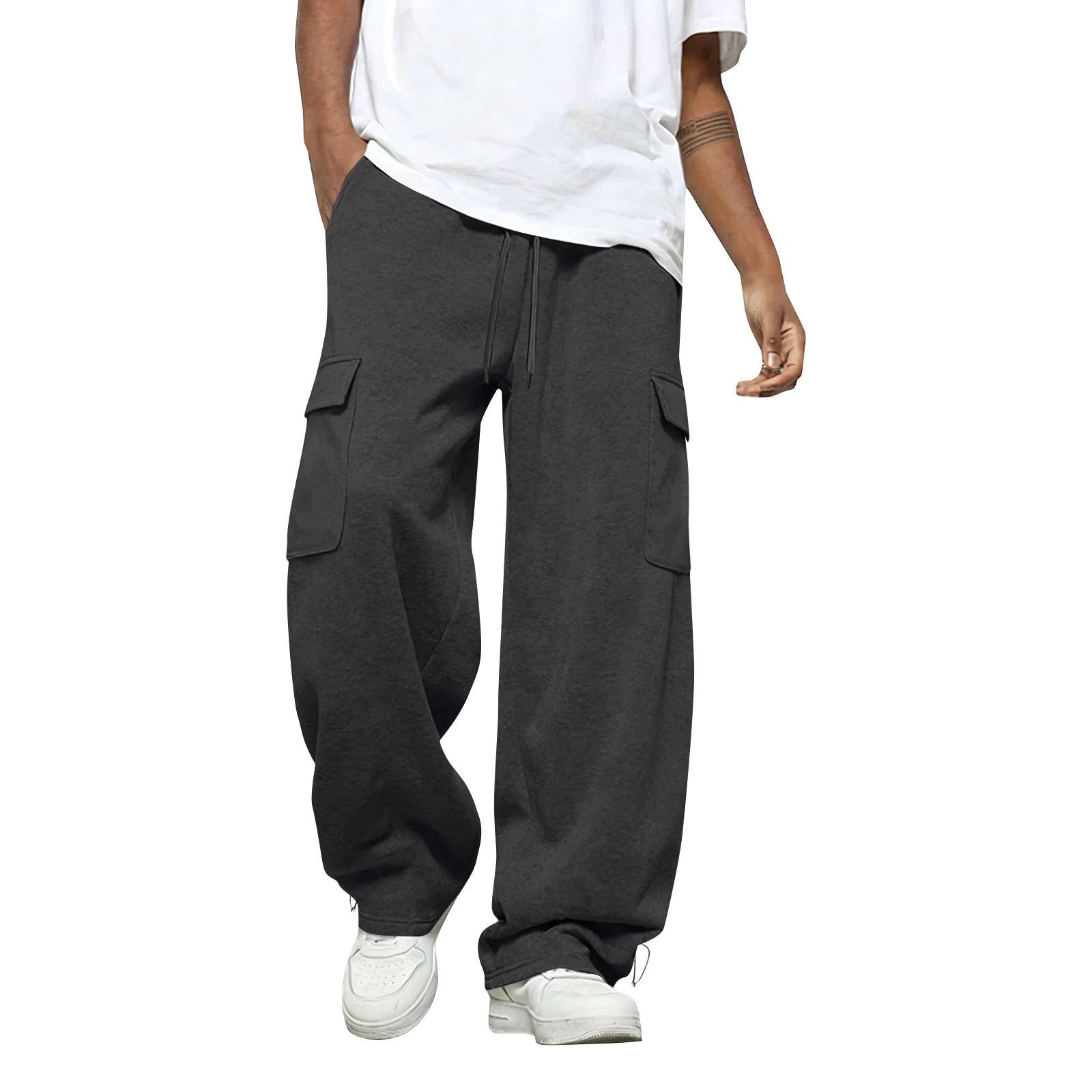 Male Basic Baggy Solid Wide Leg Sweatpants Fashion Daily Versatile Drawstring Elastic Waist Trousers Sports Hiking Comfy Pants Qme Dark Gray XXL