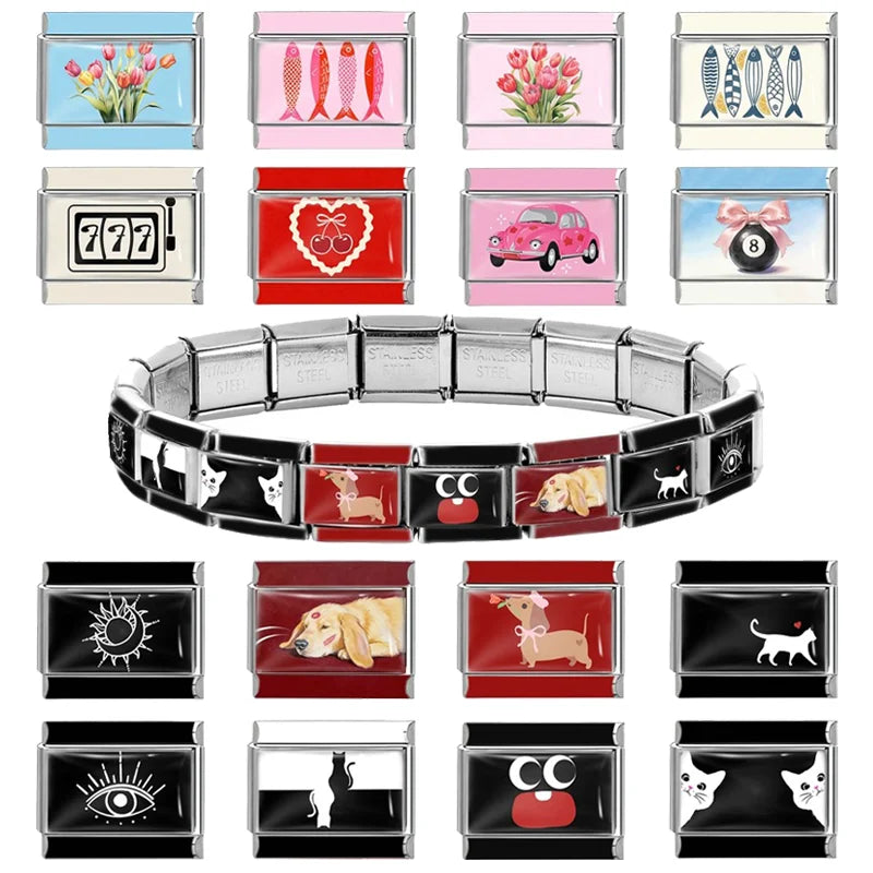 Wholesale Colorful Dog Cat Black Sun Moon Eye Italian Charm Links Fit 9mm Stainless Steel Bracelet Women Jewelry DIY Making Gift Qme