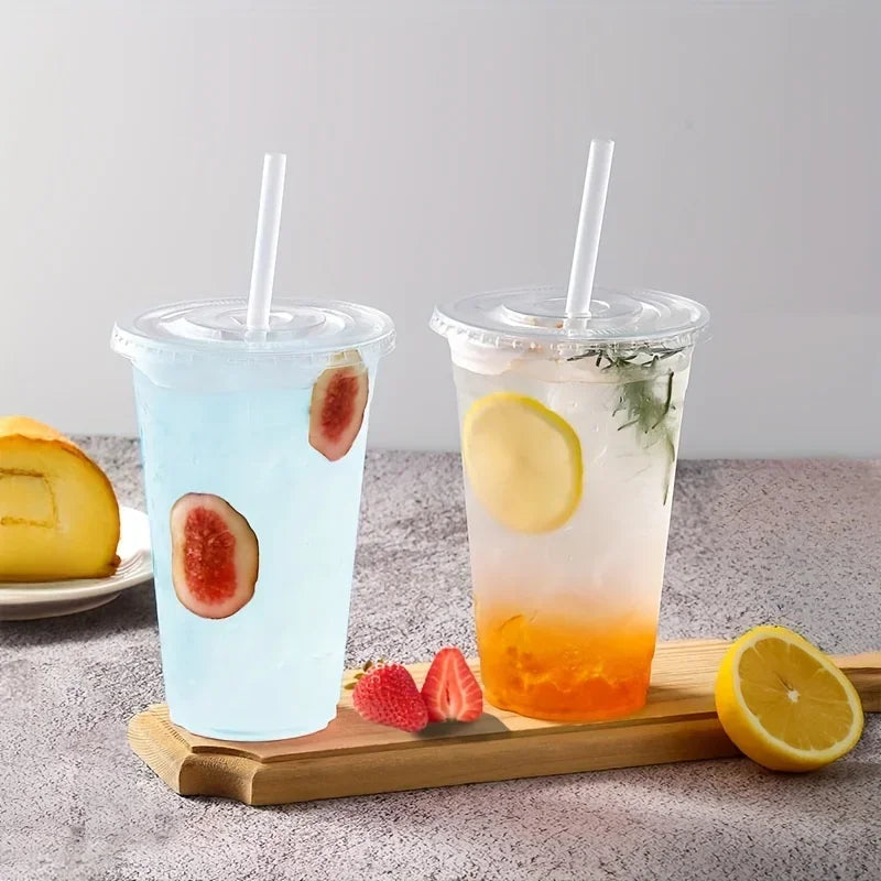50pcs/Set 12/16OZ Plastic Cups With Lids Disposable Cups For Iced Coffee Smoothie Milkshake Cold Drinks Birthday Party Supplies Qme