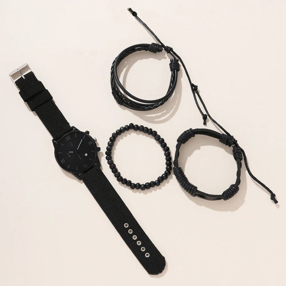 New Men's Watch Luxury Bracelet Set Multi Pieces Fashion Business Black Leather Quartz Watch Gift Box for Men Reno Masculino Qme