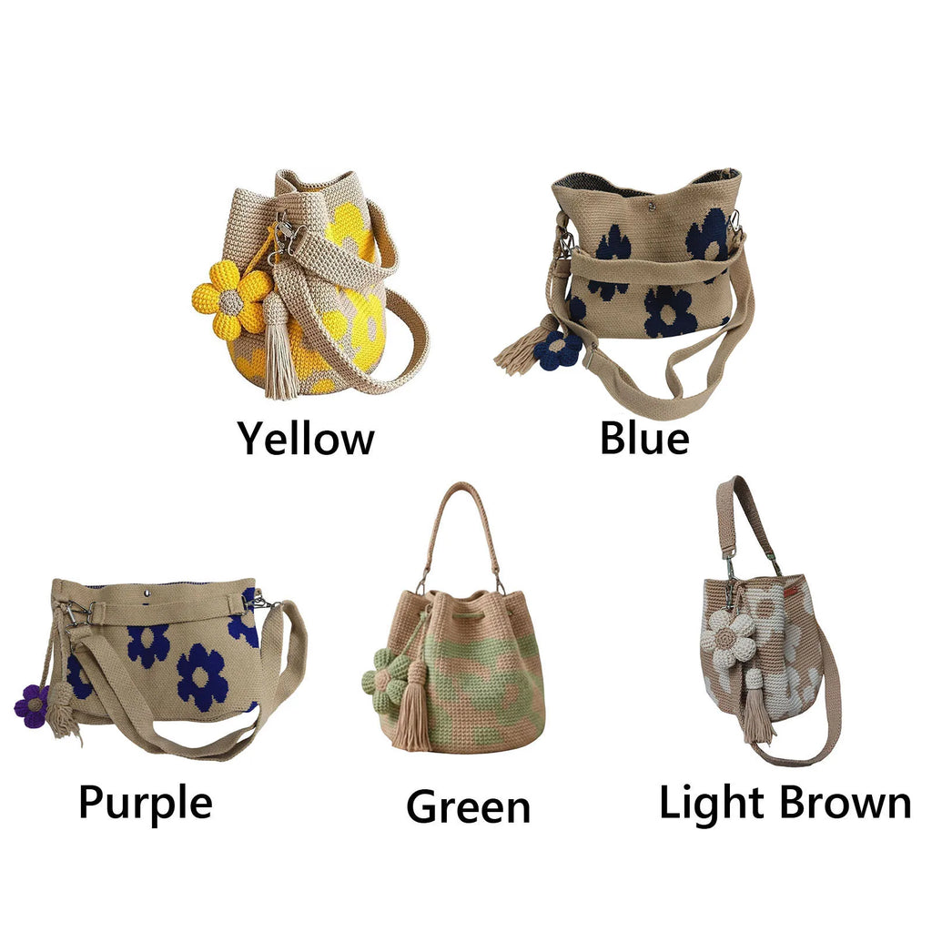 Boho Beach Handbag Lightweight Embroidery Aesthetic Boho Bag with Flower Tassel Needlepoint Barrel Drawstring Purse for Women Qme