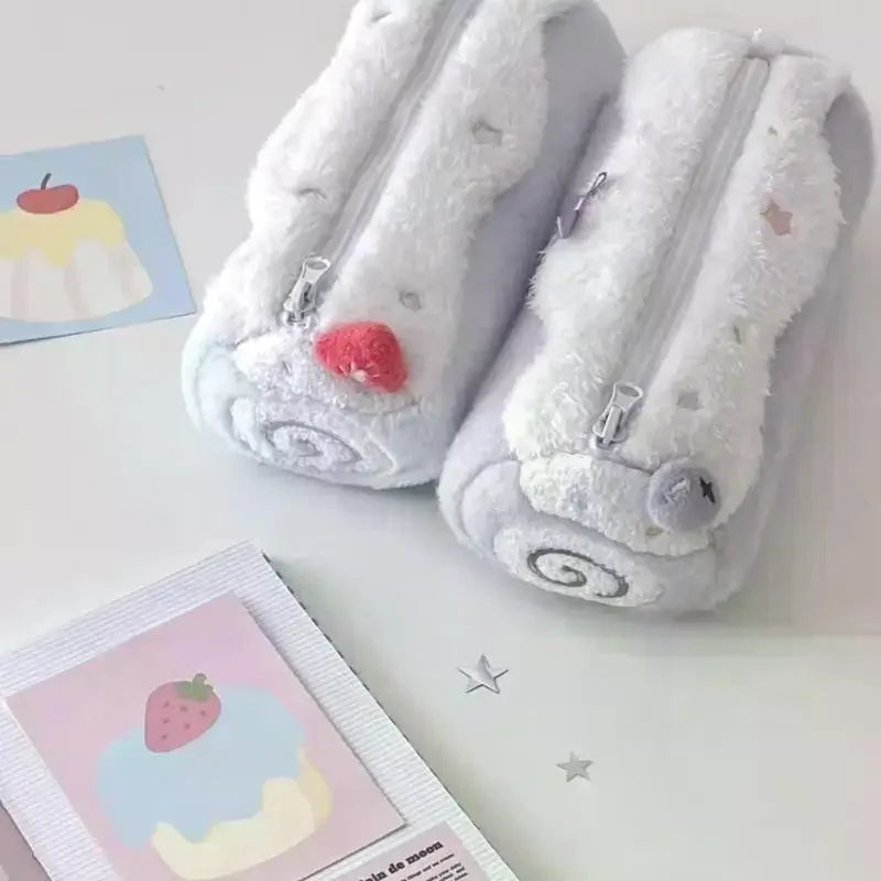 Cute Cream Swiss Roll Plush Pencil Case Large Capacity School Student Qme