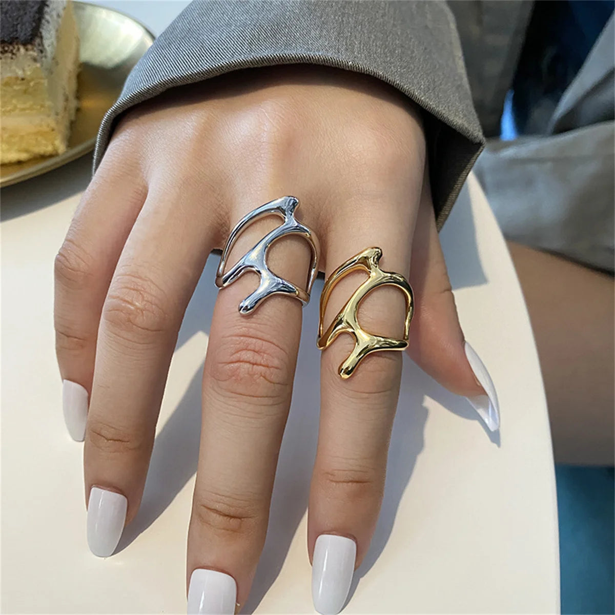 Y2K Silver Color Irregular Adjustable Rings for Teenager Punk Geometric Hollow Branches Open Ring Party Vintage Women Jewelry Qme