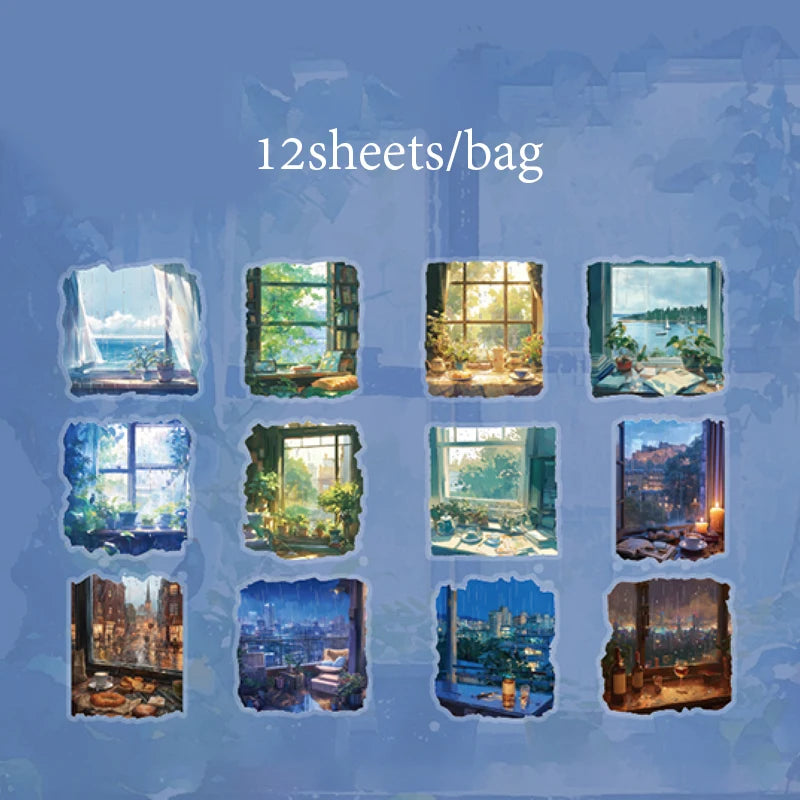 12 Sheets Rainy Walk PET Stickers for Scrapbooking Planner Journal Phone Case DIY Decoration Office School Stationery Gift Qme 4
