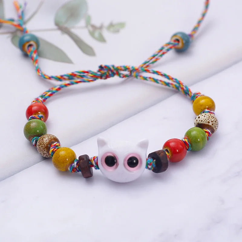 b84 Big Eyed Cat with Colorful Woven Drawstring Ceramic Bracelet Vintage Jingdezhen Handmade Bead String Jewelry Accessories Qme