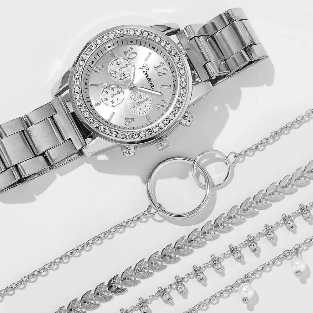 5PCS Quartz Watch Set Women Fashion Silver Round 3 Eyes Alloy Strap Wristwatch Gift Rhinestone Watch For Women Jewelry Set Qme