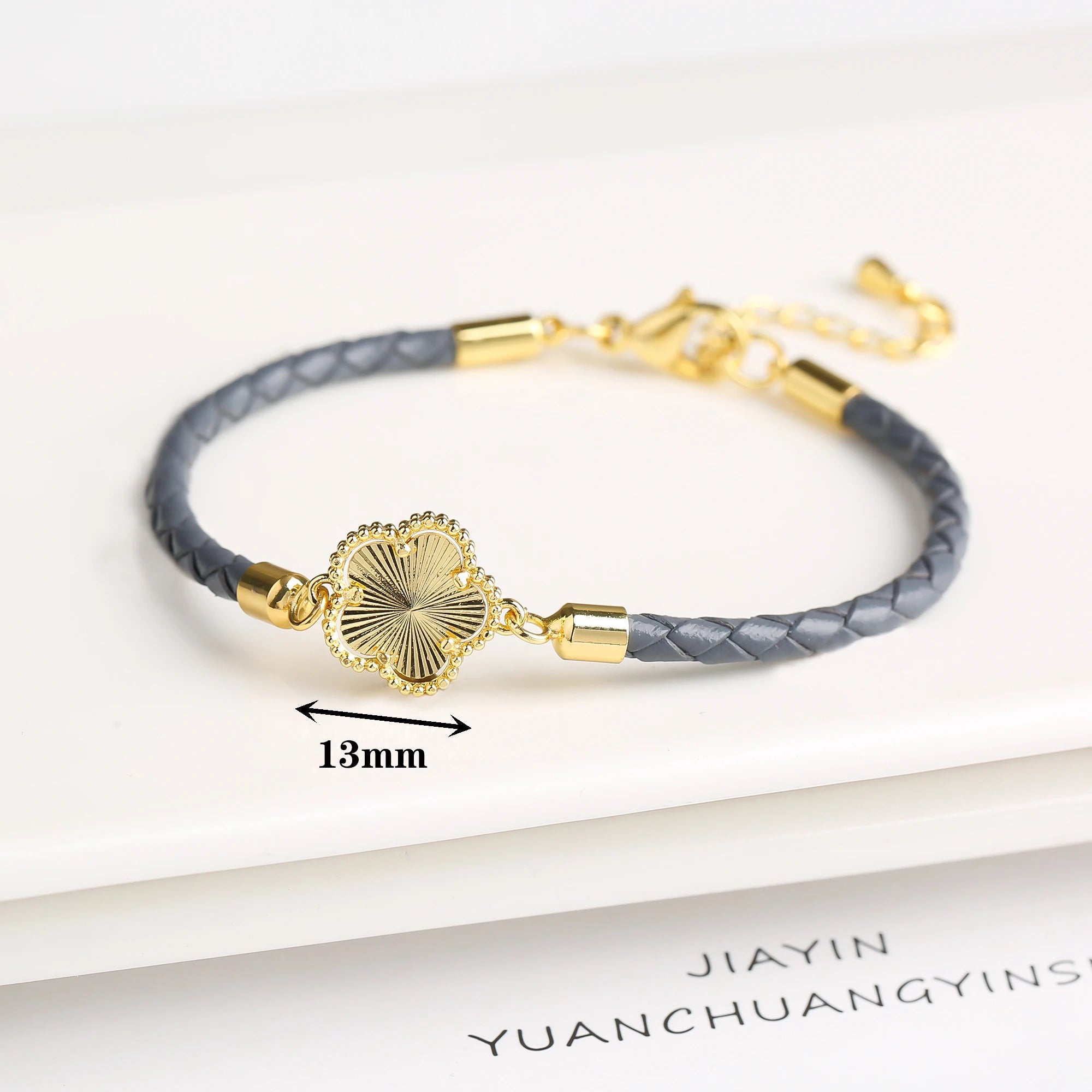 2024 Classic Shiny Zirconia Stone Five Leaf Flower Leather Braided