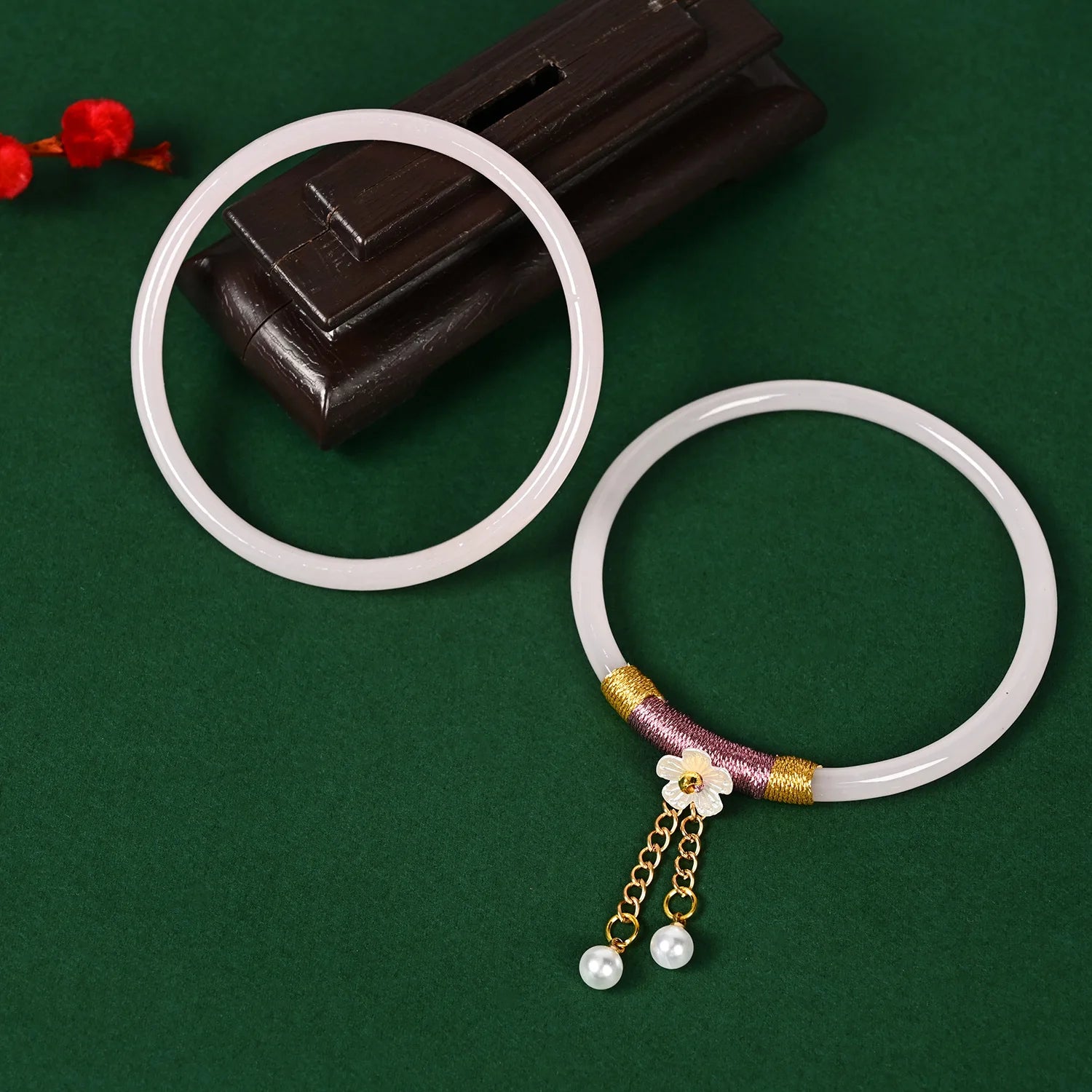 2Pcs/Set Natural Jade Jingle Bangles Retro Simple Fairy Flower Glass Bracelet Femme Fashion Women's Casual China Jewelry Gifts Qme pink 58mm