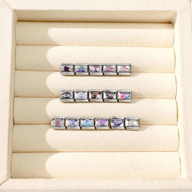 Hot Selling Heart Blue Series Butterfly Fruits Italian Charm Link Fit 9mm Stainless Steel Bracelet Making DIY Beads Jewelry Gift Qme