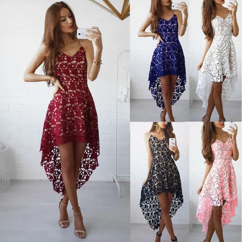 Fashion Elegant Lace Off Shoulder Sling Sling Dress Solid Color V Neck Spaghetti Straps Lace Party Dresses Summer 2022 Women's Qme