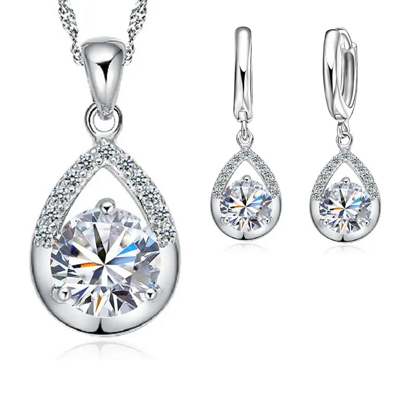 Hot Sale Bridal Jewelry Sets 925 Sterling Silver Color Crystal Water Drop Necklaces Hoop Earrings Women Party Engagement Qme