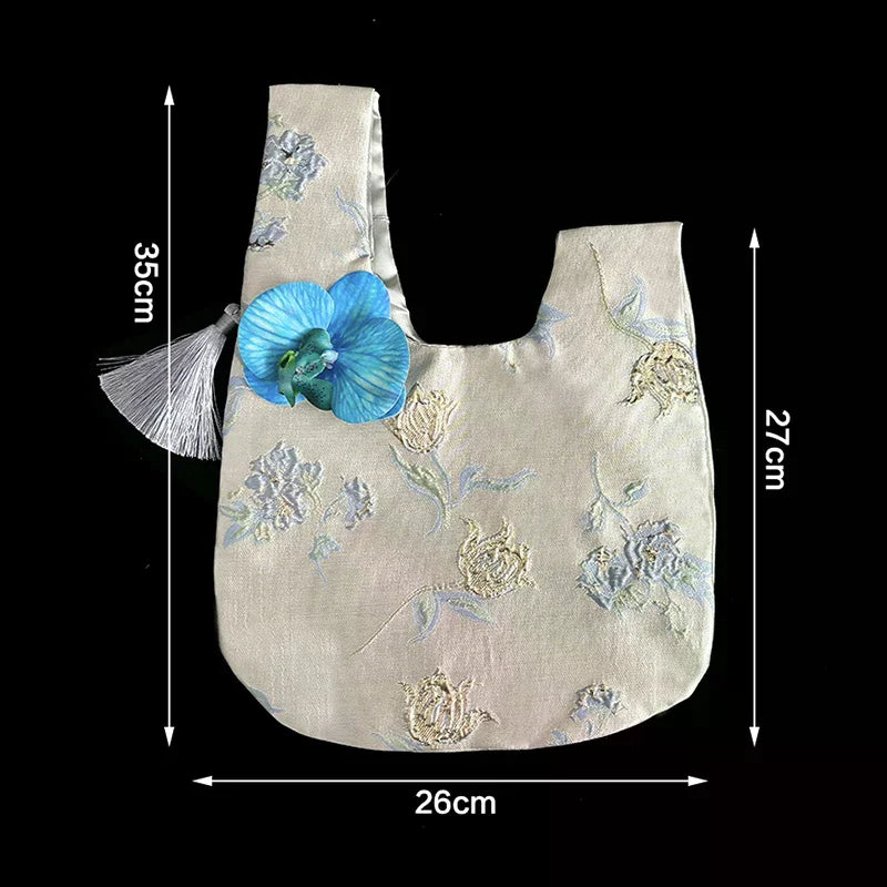 Orchid Tassel Faux Silk Jacquard Fabric Handbag New Chinese Retro Style Small Bag Qme