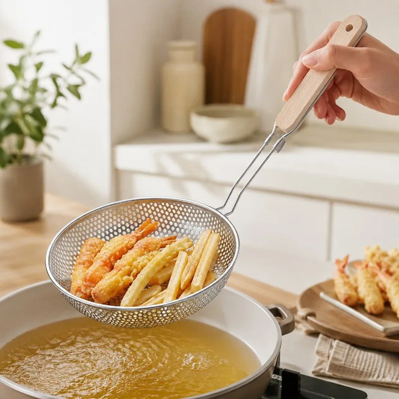 Stainless Steel Colander Fine Mesh Skimmer Spoon with Wooden Handle Used for Cooking Food Large Kitchen Frying Filter Qme