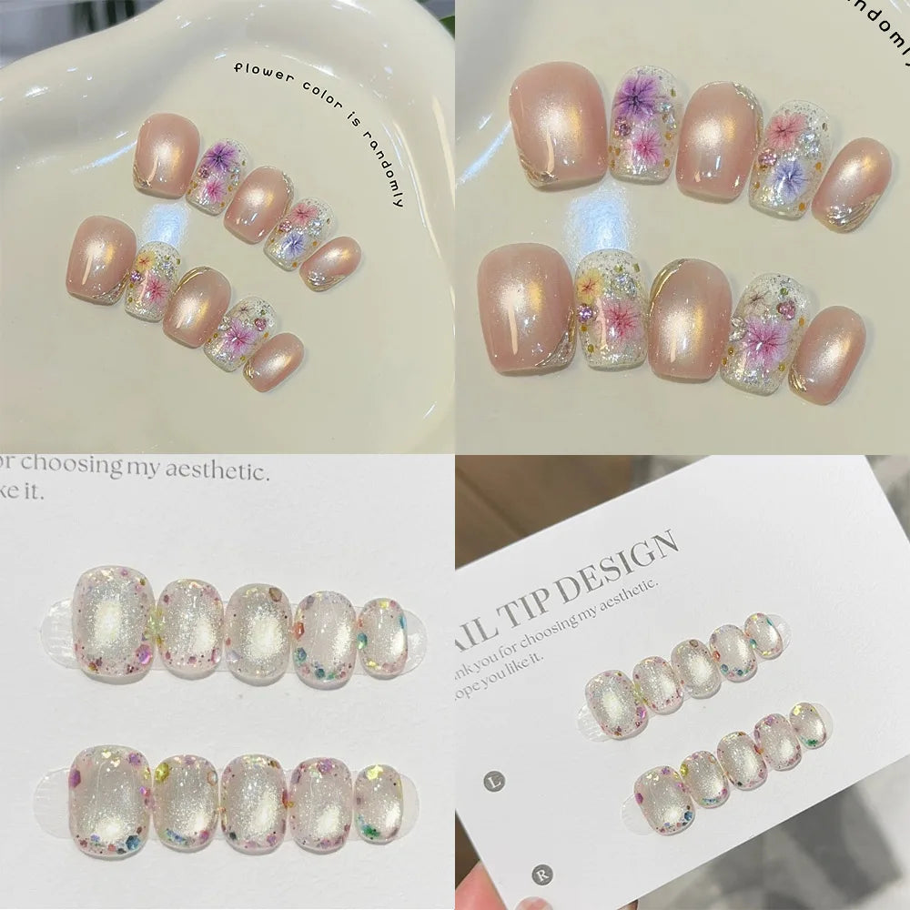 High-end Handmade Diamonds Chic Pink Flower Press Nails Sweet Cat Eye Qme