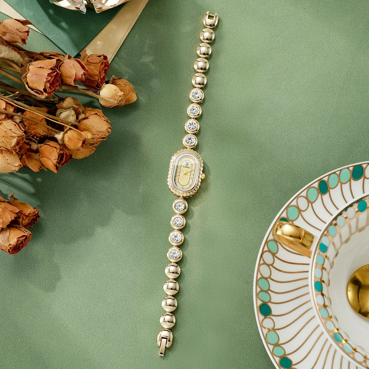 Women's Luxury Crystal Quartz Watch, Oval Gold Dial with Diamond Bezel and Gold Tone Band, Casual/Office Wear Qme