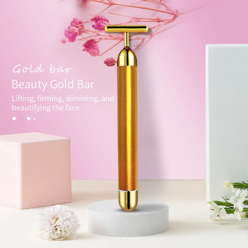 24K Gold Roller Vibrating Facial Massager Slimming Skin Beauty Pulse Qme