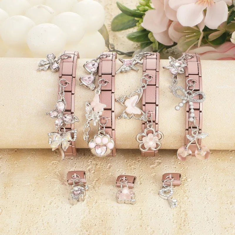 Wholesale Butterfly Bow Stars Love Heart Key Planet Shiny CZ Flower Italian Charms Fit 9mm Stainless Steel Bracelets Jewelrys Qme