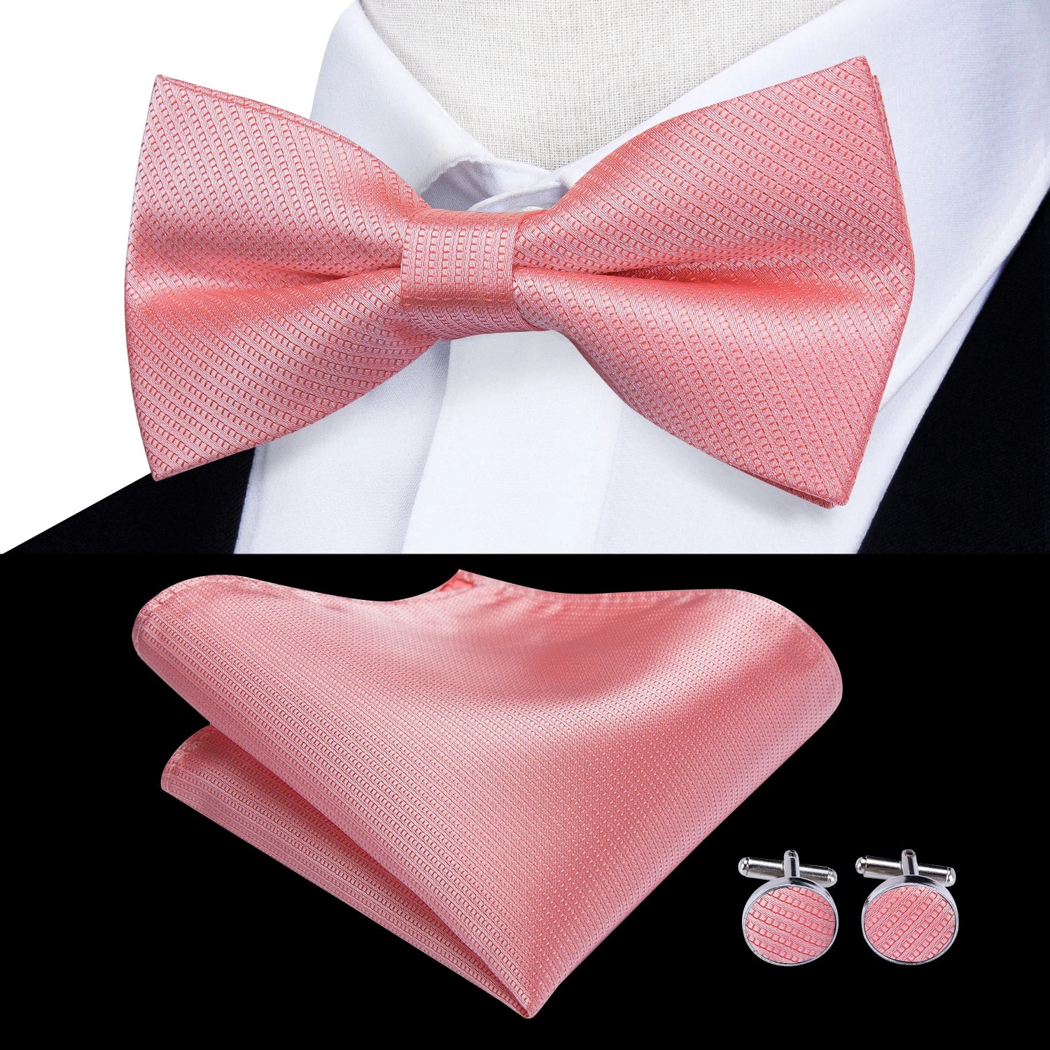Hi-tie Pink Dot Silk Mens Pre-tied Bow Tie Hanky Cufflink Dusty Qme LH-0507