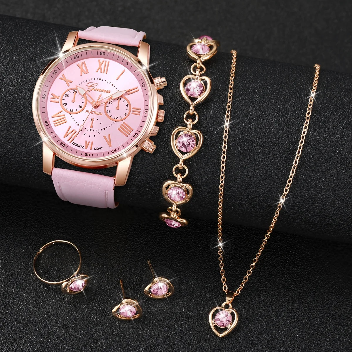 6 Pçs/set Moda Feminina Relógio de Quartzo Pulseira de Couro Analógico Relógios de Pulso Coração Strass Conjunto de Jóias Qme