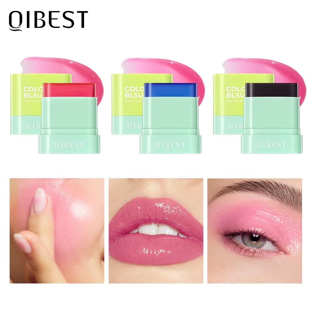 QIBEST 3 Colors Jelly Blush Stick Lip Balm Eyes 3-in-1 Multi-Use Matte Blush Moisturize Brighten Lipstick Watercolor Cosmetics Qme