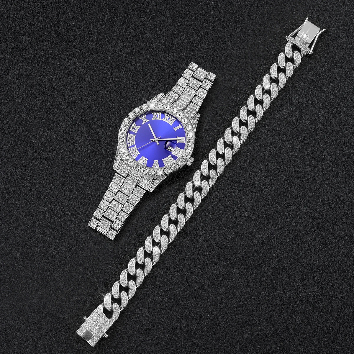 Relógio de quartzo feminino, moda casual, diamante completo, pulseira com mostrador azul romano, sem caixa, 2 peças por conjunto Qme