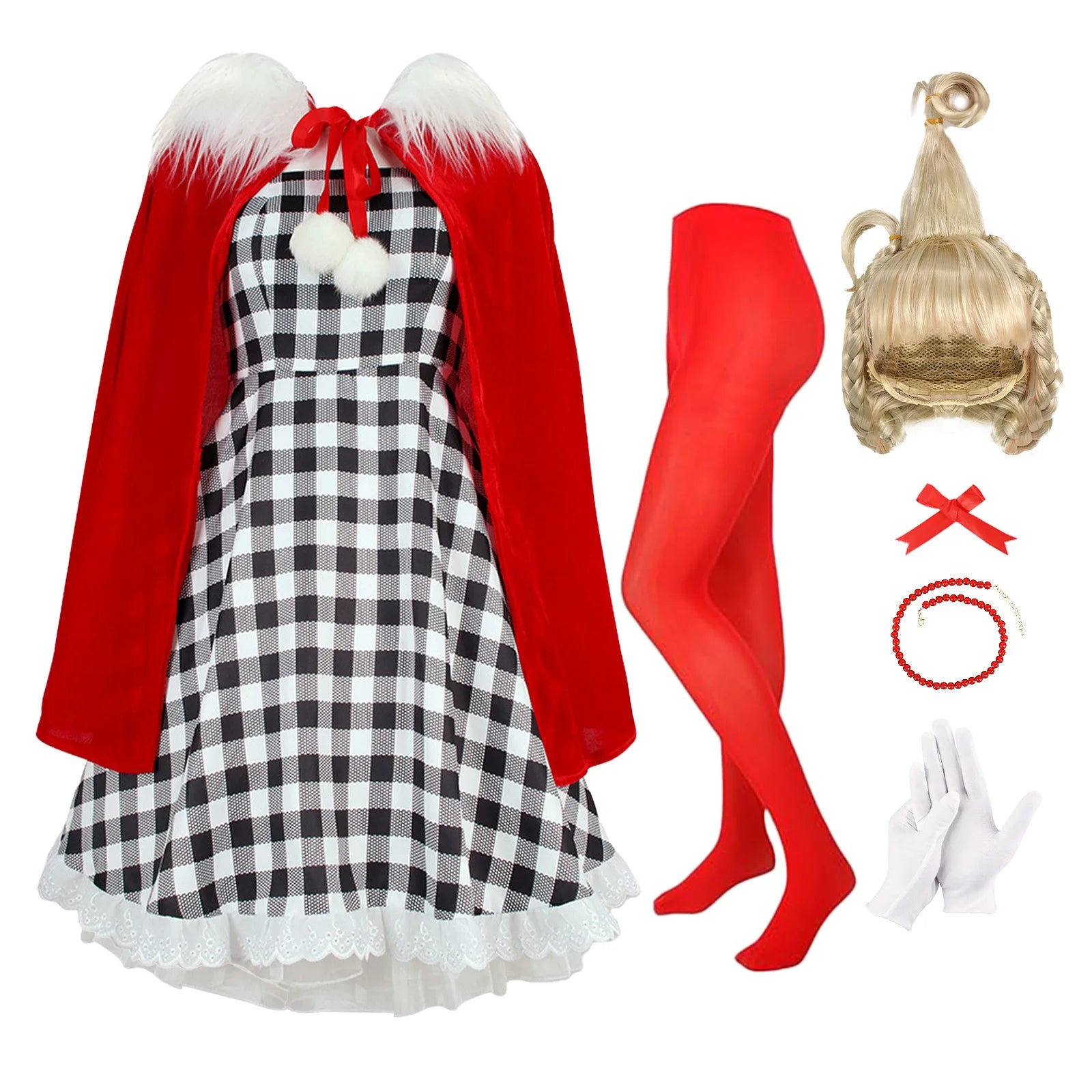 7PCS Cindy Lou Who Costume Cindy Wig Dress Cape Accessories Christmas Cosplay Outfits for Halloween Party Adult Qme Red M