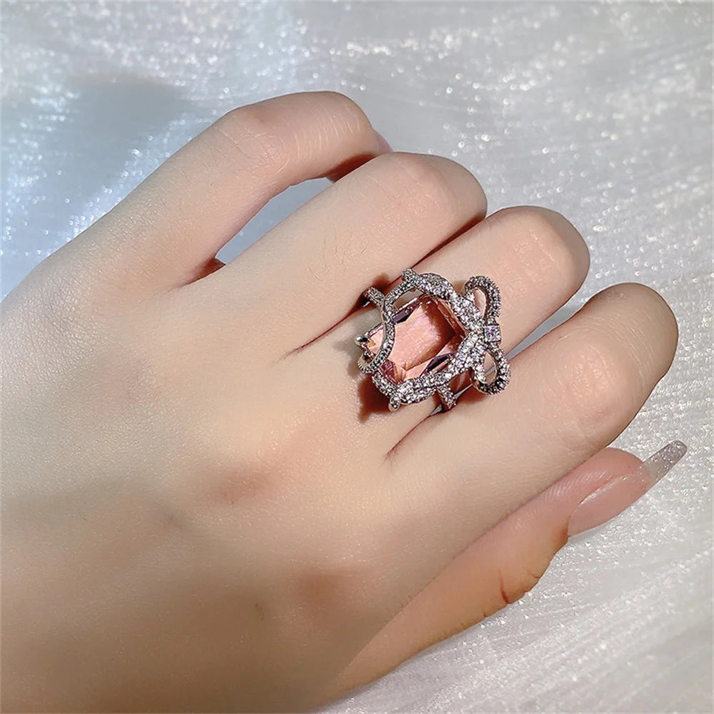 Classic Temperament Shining Pink Sapphire Zircon Open Ring Fashionable Women's Engagement Banquet Jewelry Gift Qme