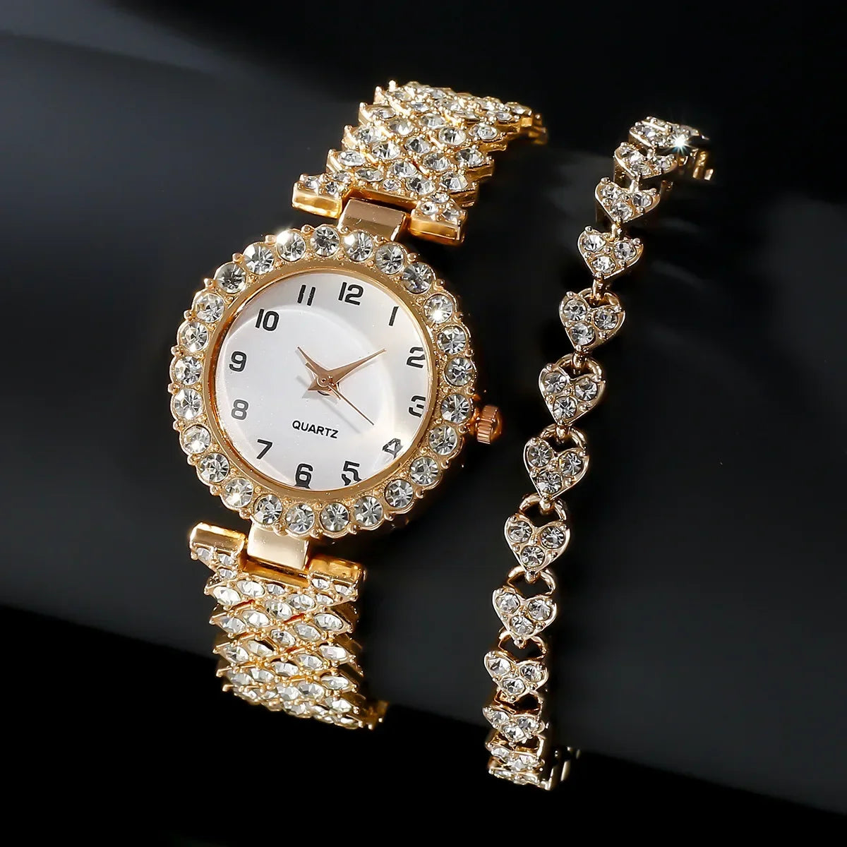 1pcs/2pcs Luxury Fashion Women Watch Set Silver Strap Ladies Quartz Wristwatch Alloy Bracelet for Ladies Jewelry Set Clock Gift Qme Rose Gold-Set