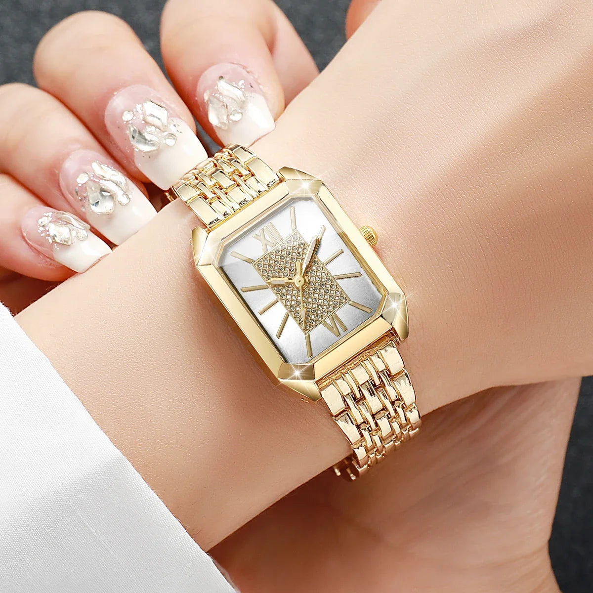 Moda retângulo feminino relógios senhoras pulseira de aço inoxidável quartzo relógios de pulso reloj mujer (sem caixa) Qme white