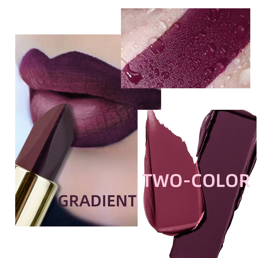 Two-tone Waterproof Velvet Nude Lipstick Sexy Purple Brown Pigments Qme