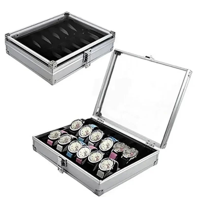 Useful Aluminium Watches Box 12 Grid Slots Jewelry Watches Display Storage Box Square Case Suede Inside Rectangle Watch Holder Qme