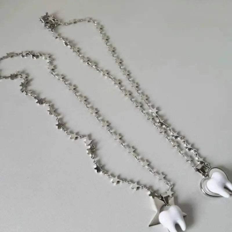 Unique Design Y2k Necklace Heart Star Cute Teeth Splicing Clavicle Chain Qme