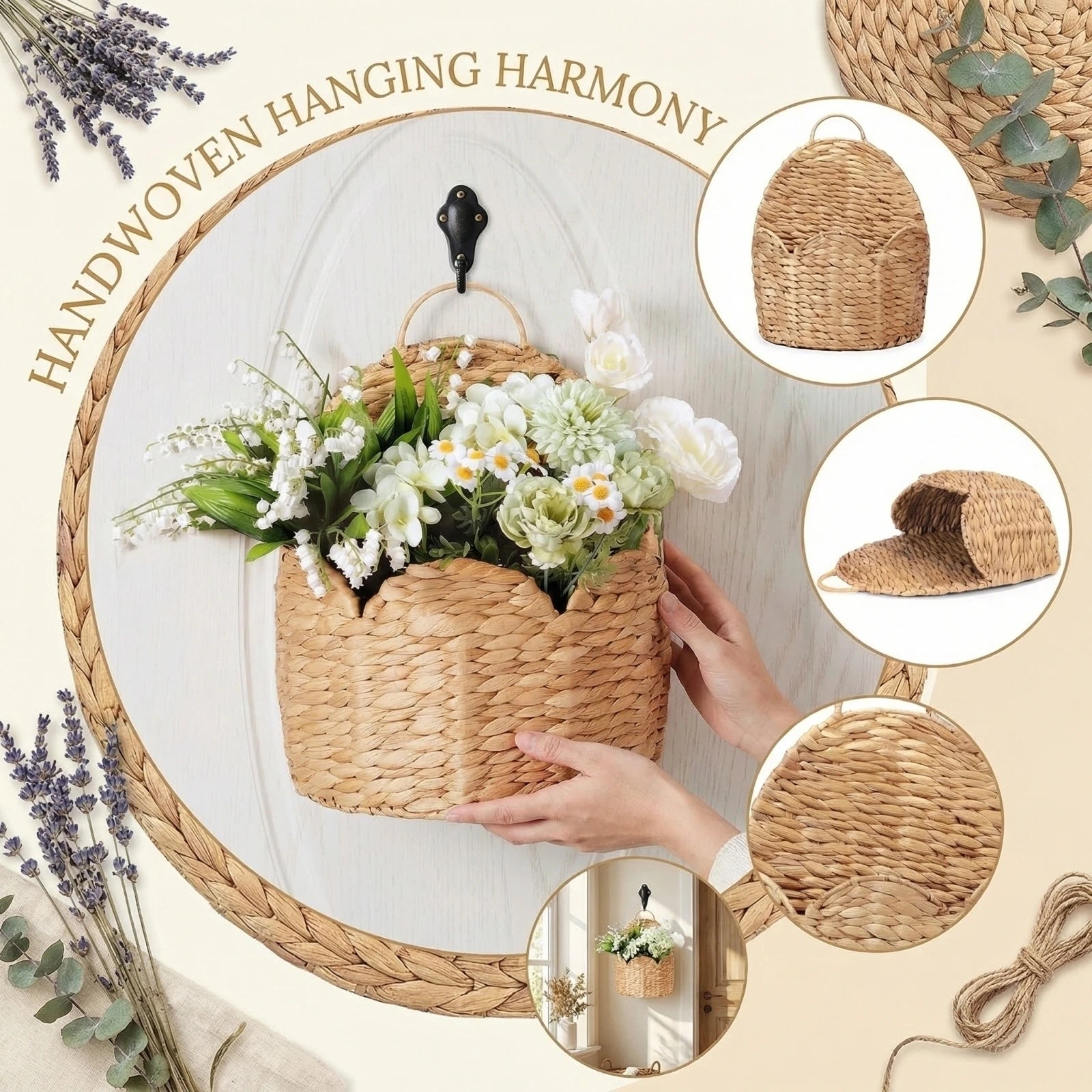 Grass Woven Storage Basket Home Wall-mounted Multipropose Storage Basket Living Room Entryway Wall Flower Decor Container Qme color