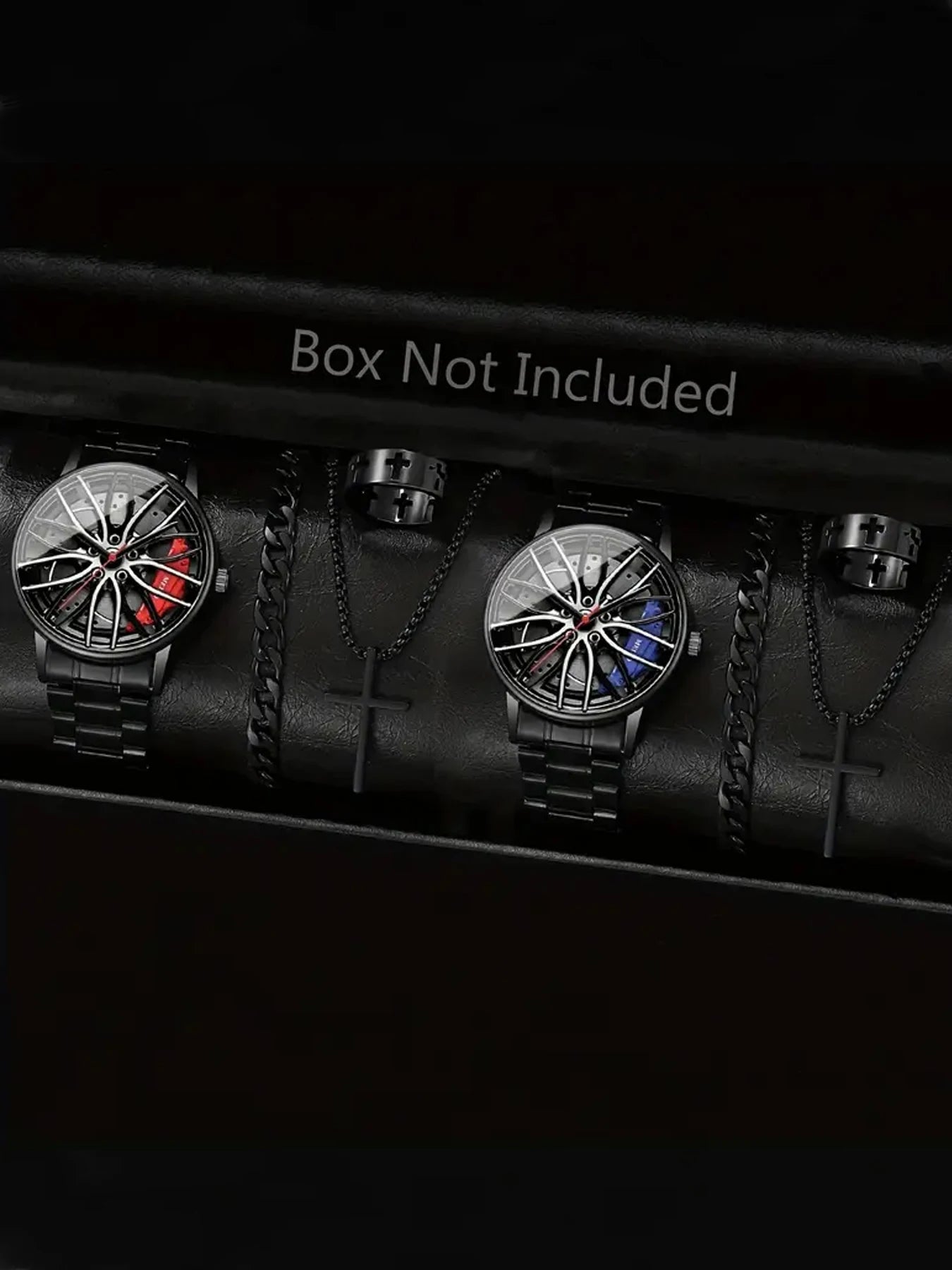 Men’s Wheel Rim Dial Watch Set with Cross Necklace & Cross Hollow Ring Qme 3