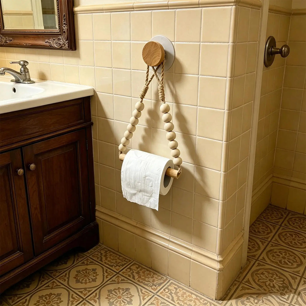 Wood Toilet Paper Holder Natural Wall Mounted Wooden Bead Stand Roll Qme