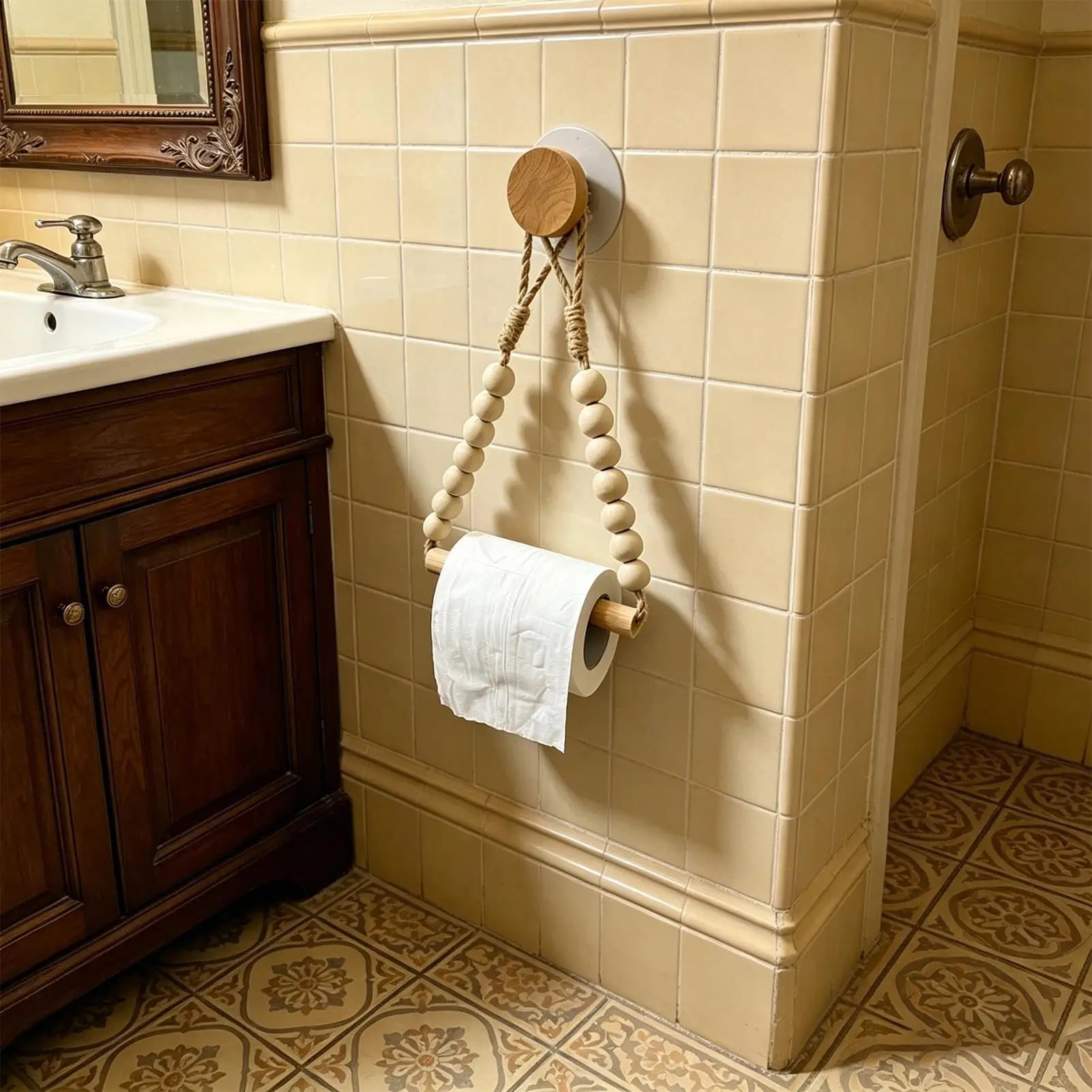 Wood Toilet Paper Holder Natural Wall Mounted Wooden Bead Stand Roll Qme