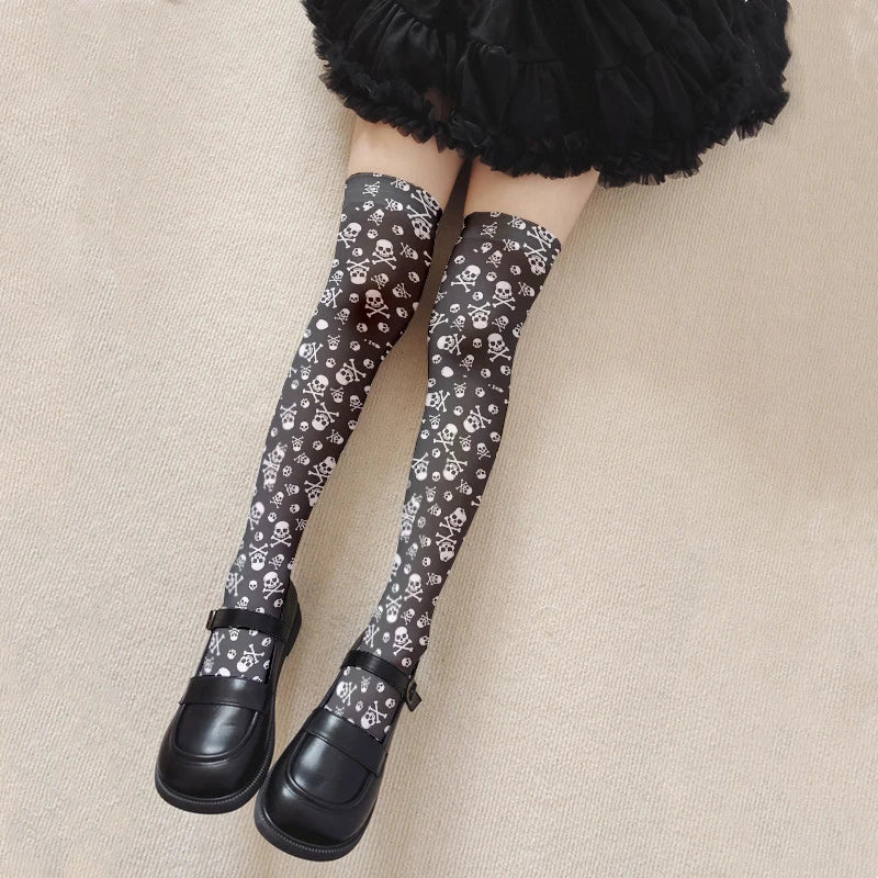 Fun Skull Pattern Women's Long Stockings Fashion Printing Trend Qme style9 One Size