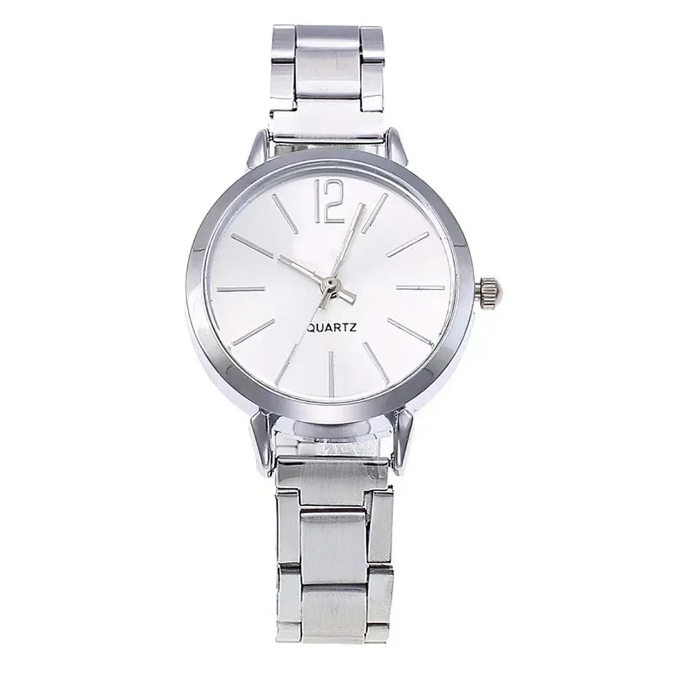 Relógio de pulso de quartzo redondo simples para mulheres, moda inoxidável, pulseira de ouro, relógios femininos, luxo, Qme 4