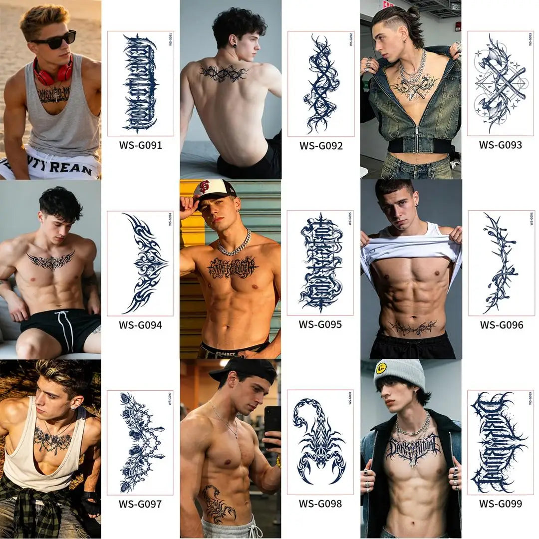 A Long Lasting Cyan Thorn Fake Tattoo Stickers 4/6/9Pcs, Non-Reflective Waterproof Temporary Decals for Belly Chest Back Waist Qme 9pcs WS-G091G099
