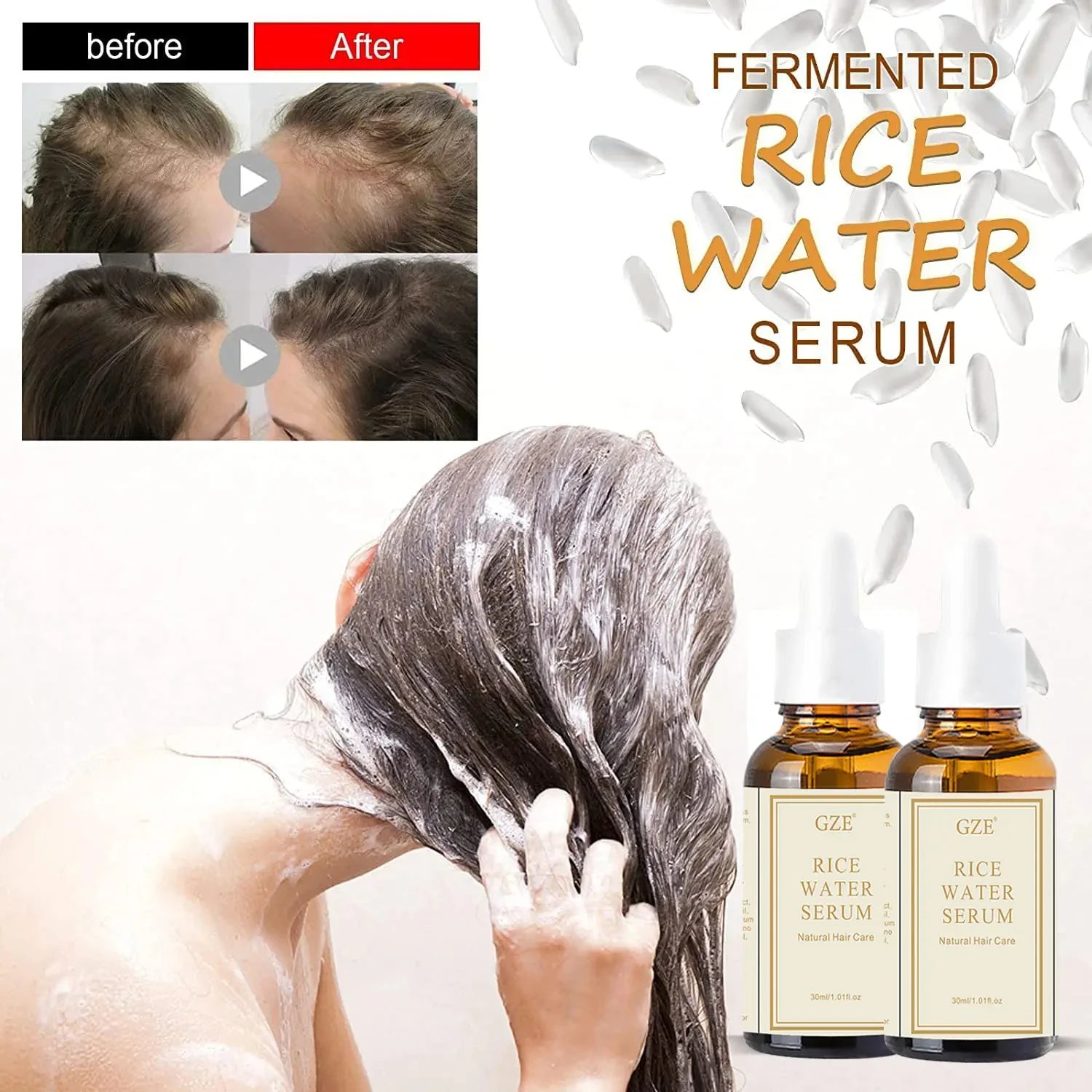 GZE Organic Rice Water Serum For Hair Gr th, Skincare, Rice Water Essential Oil Revitalize and Strengthen Hair for Men and Women Qme