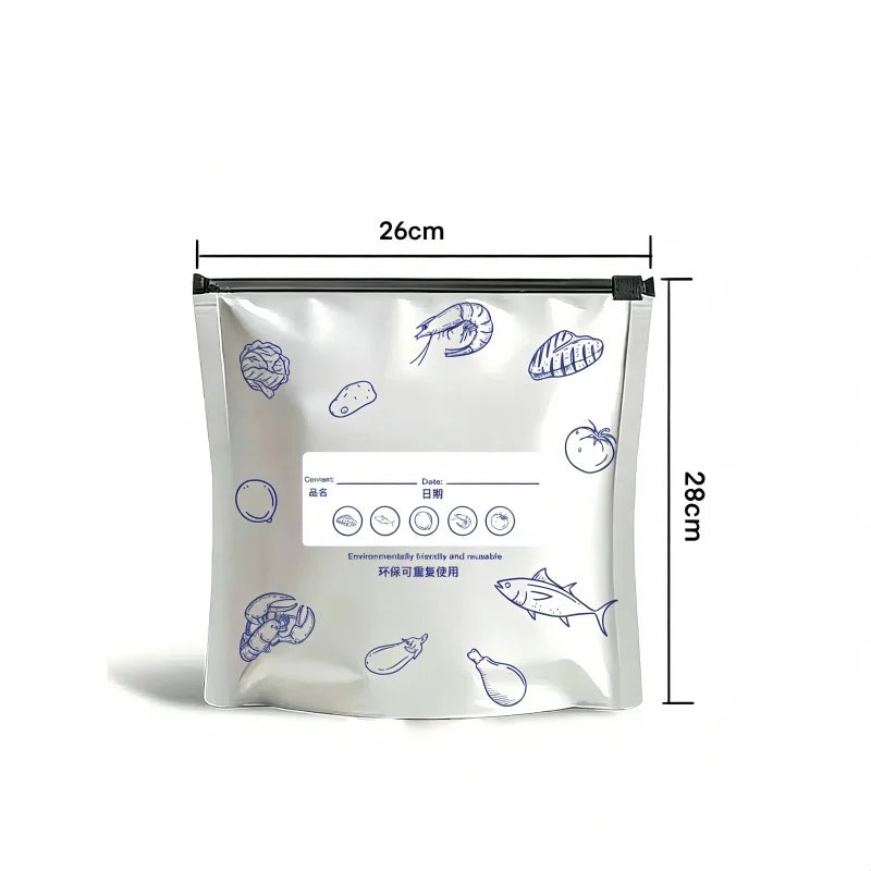 10Pcs/Bag Kitchen Aluminum Foil Fresh Bag Freezer Stand Up Zip Lock Bag Large Capacity Reusable Food Organizer Bags Qme 26-28cm-10pcs