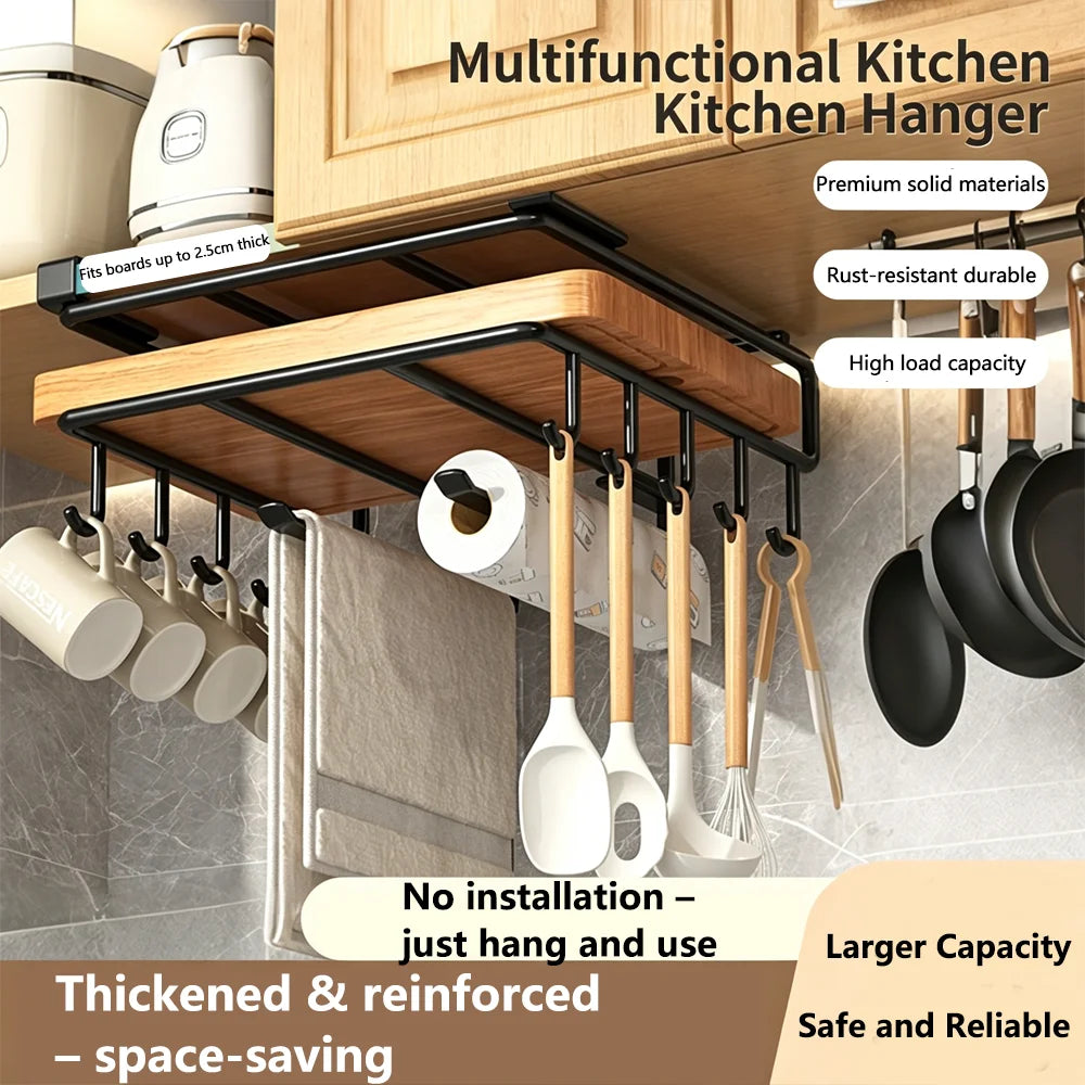 Multi-Purpose Under Cabinet Organizer with Hooks, No-Drill Wall Mounted Cutting Board Holder & Pot Lid Rack for Kitchen Qme