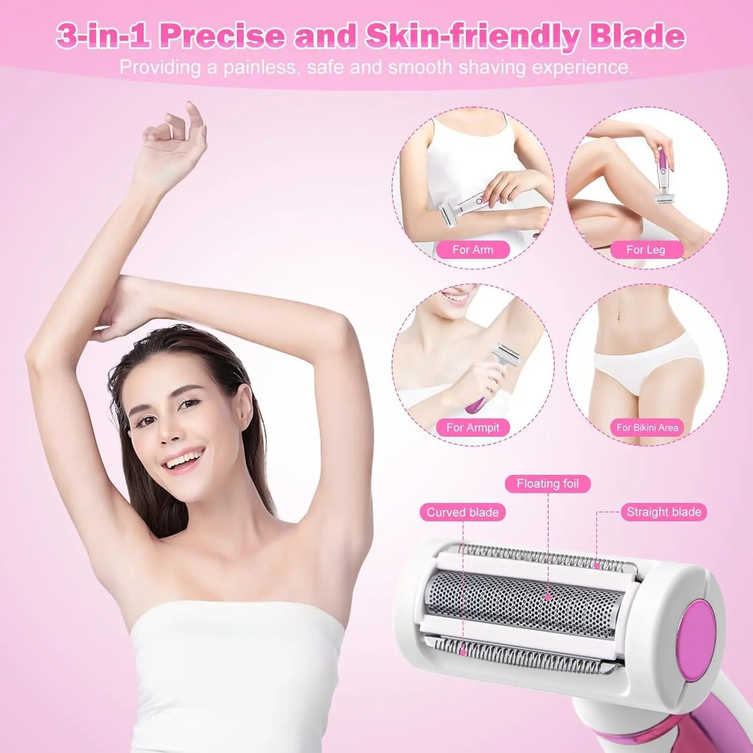 Electric Razors for Women,4 In 1 Womens Razors for Face Arm Leg Pubic Area, Cordless Hair Removal Rechargeable Bikini Trimmer Qme