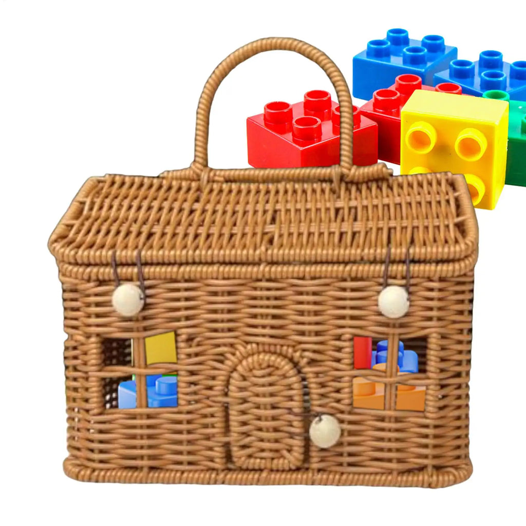 NEW Rattan Basket House Shape Portable Organizer Rattan Baskets With Lid For Organizing For Toy Toiletries Snack Fabric Camping Qme