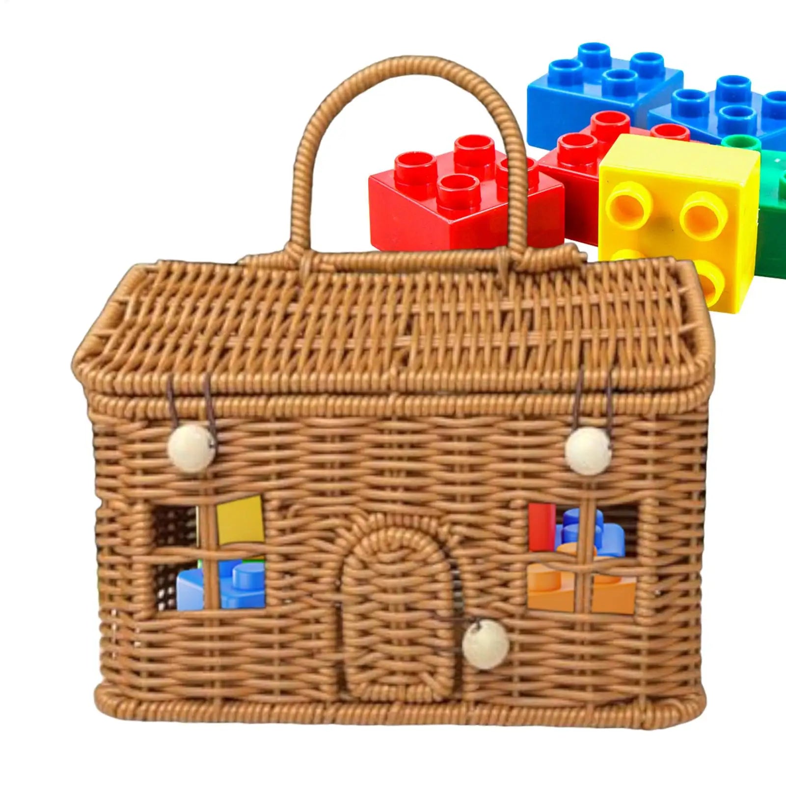 NEW Rattan Basket House Shape Portable Organizer Rattan Baskets With Lid For Organizing For Toy Toiletries Snack Fabric Camping Qme