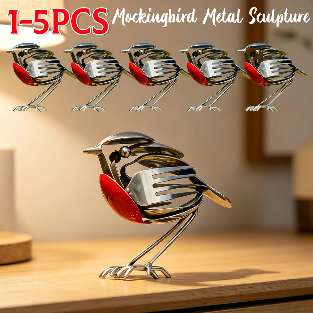 Metal Bird Sculpture for Outdoor Garden Yard Decor Handmade Recycled Fork & Spoon Bird Statue Unique Gift for Bird Lovers Qme