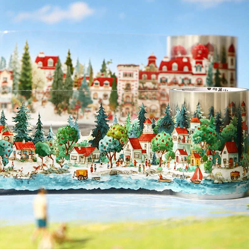 Watercolor Fairy Tale Town Washi Tape, Healing & Relaxing Creative Material, Ideal for Journal Scenery, Collage Qme
