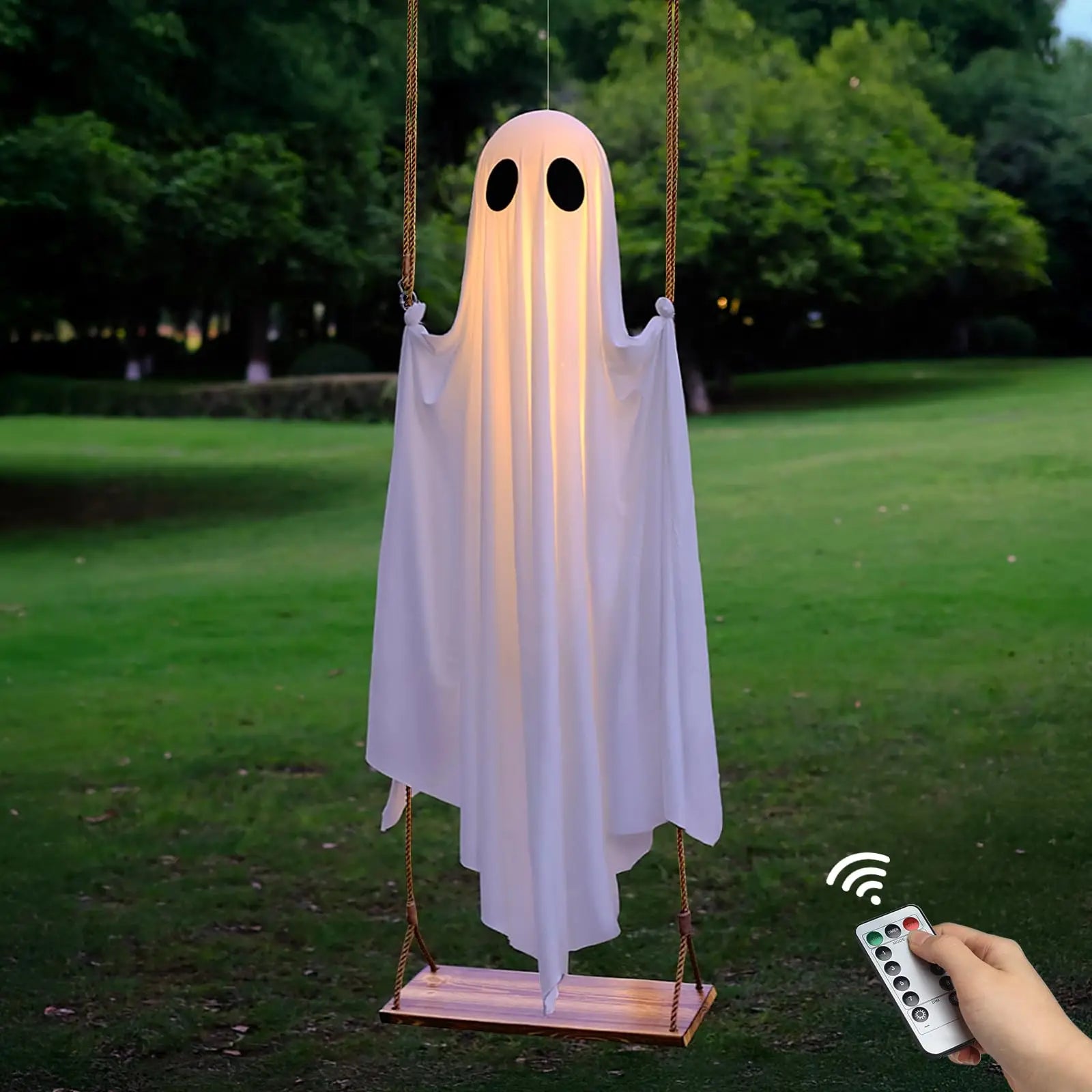 Decorations Outdoor Halloween Scary Ghost 5FT Large Hanging Ghost Swing with Remote Control String Lights Cosplay Party Decor Qme